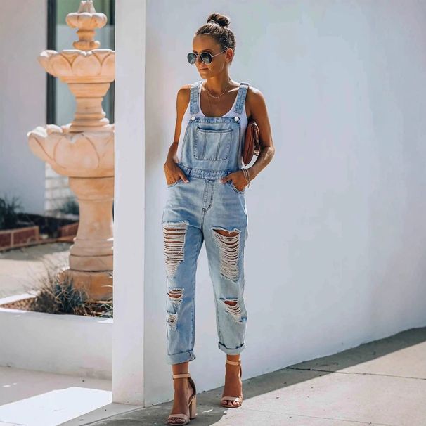 Cross-Border European And American Jeans Women In Stock Light Blue Ripped Overalls SHEIN Foreign Trade_ecoleips.com