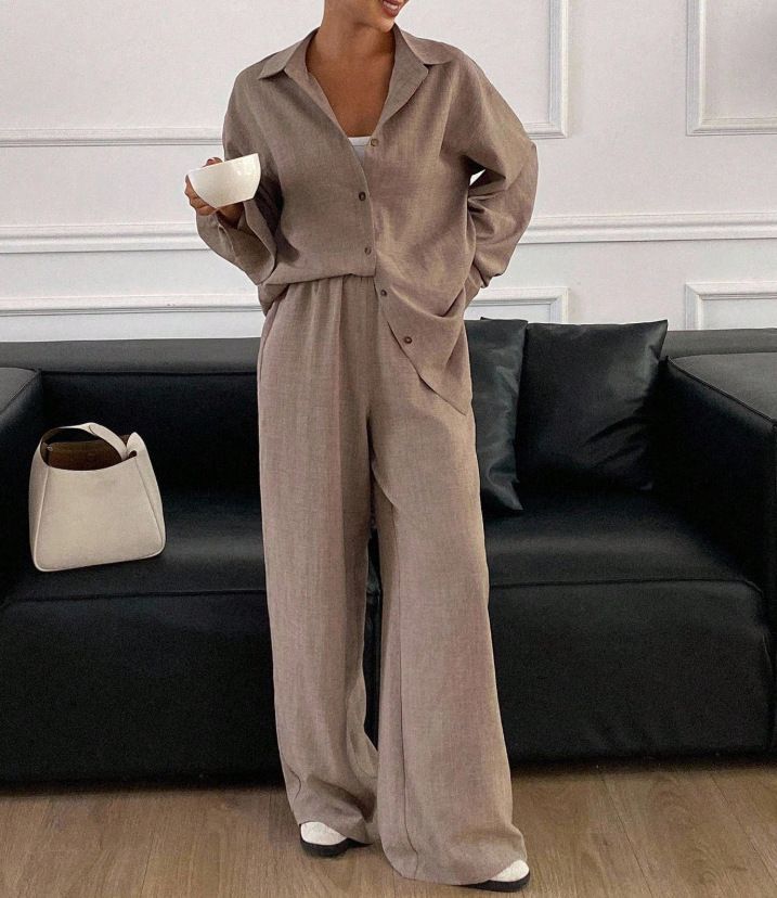Women's Casual Two Piece Set Spring Autumn Loose Fit Cotton Linen Long Sleeved Shirt Trousers Comfortable Style_ecoleips.com