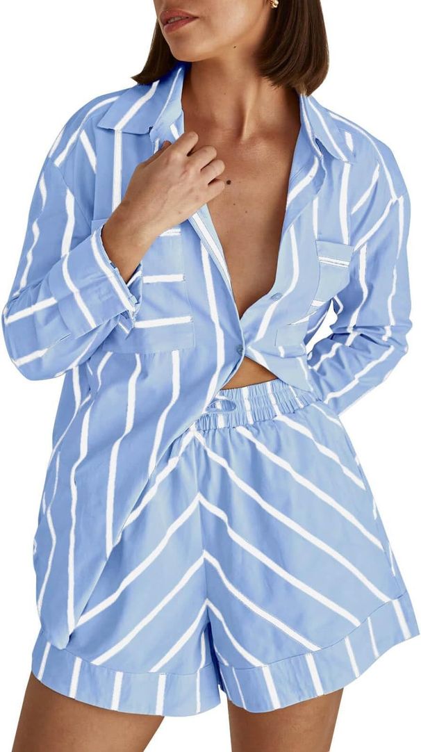 Women's Clothing Fashion Casual Striped Contrast Color Stitching Print Open Collar Shirt Shorts Suit_ecoleips.com