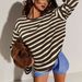 European And American Cross-border Casual Long-sleeve Striped T-shirt, New Knitted Color-blocked Round-neck Base_ecoleips.com