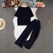 Women's Korean Style Solid Color Knitted Set V Neck Short Sleeve Loose Casual Sweater Top And Wide Leg Pants Two-Piece Clothing_ecoleips.com