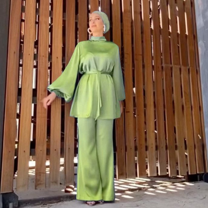 Women's Clothing Modest Abaya Dress– Premium Polyester-Spandex Blend Long Sleeve Set With Adjustable Tie Detail, Wrinkle-Resistant Office Wear_ecoleips.com