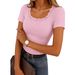 Ribbed Knit Square Neck T-Shirt – Lace Trim Casual Top For Women, Soft & Breathable (S-Xxl, 8 Colors)_ecoleips.com