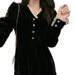French Vintage Black Dress Autumn And Winter Hepburn-Style Velvet V-Neck Niche Slimming Temperament Long Skirt_ecoleips.com