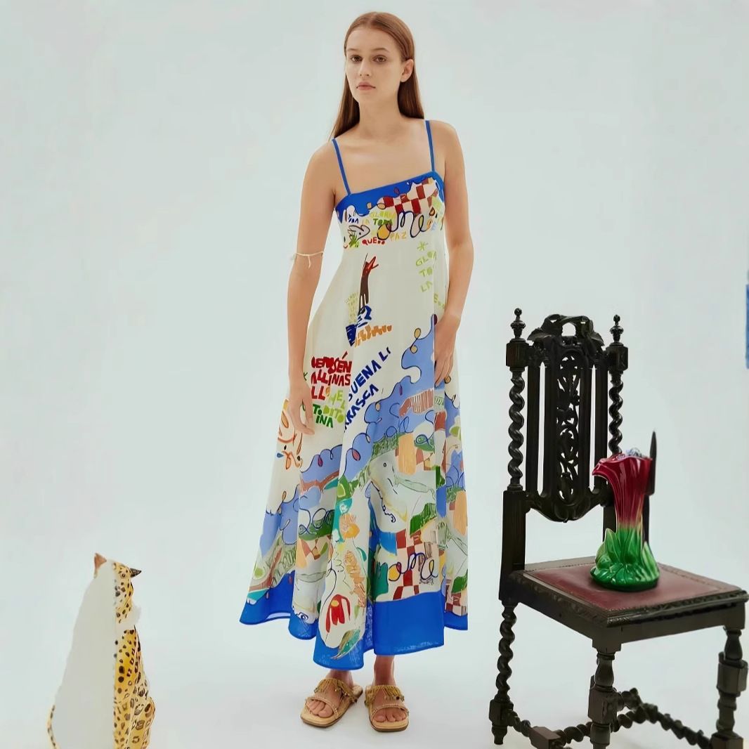 Women's Clothing Sexy Sling Graffiti Linen Big Swing Dress_ecoleips.com