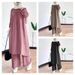 2025 Muslim Women's Two-Piece New Solid Color Long Sleeve Round Neck Shirt Robe Loose Wide-Leg Pants Set_ecoleips.com