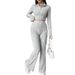Solid Color Ribbed Two-Piece Set Zipper Long Sleeve Cropped Top High Waist Flared Pants Set Wholesale_ecoleips.com
