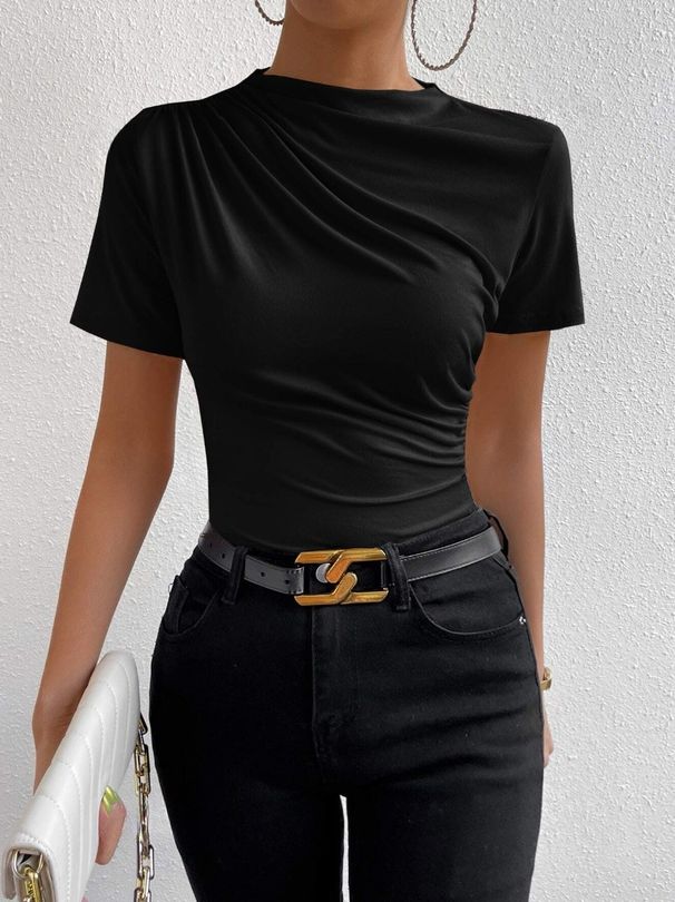 Women's Slim Fit Short Sleeve Turtleneck Top 2024 Spring Summer Ruffle Detail Stretchy Basic Tee Chic Casual Blouse_ecoleips.com