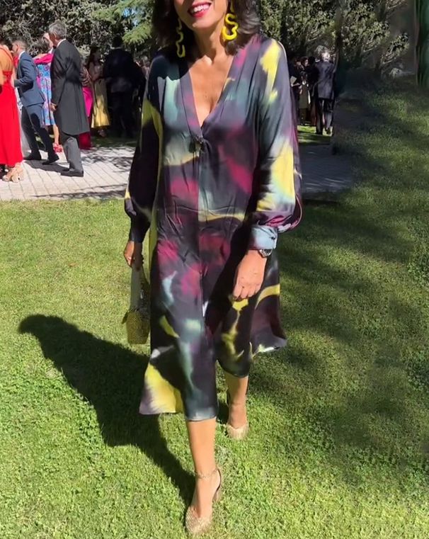 Women's Clothing Printed Contrast Color Deep V Long Sleeve Dress Women's Clothing_ecoleips.com
