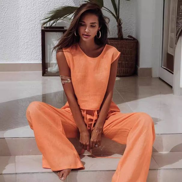 Women's Clothing Cotton And Linen Suit Loose Casual Round Neck Sleeveless Top Cotton And Linen Pocket Wide Leg Pants Suit_ecoleips.com