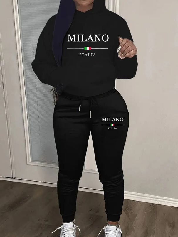Women's Autumn And Winter Fashion Casual MILANO ITALIA Pattern Printed Thick Fleece Warm Hooded Sweatshirt+sports Pants Set-768_ecoleips.com