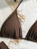 Women's Clothing Sexy Three Piece Bikini Swimsuit Solid Color Two Piece With Small Ribbed Stripes_ecoleips.com
