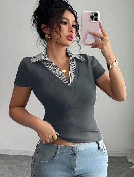 2026 Curvy Contrast Collar Short Sleeve T-Shirt, Spliced Shirt Neck High Stretch Slim Fit Casual Summer Top_ecoleips.com