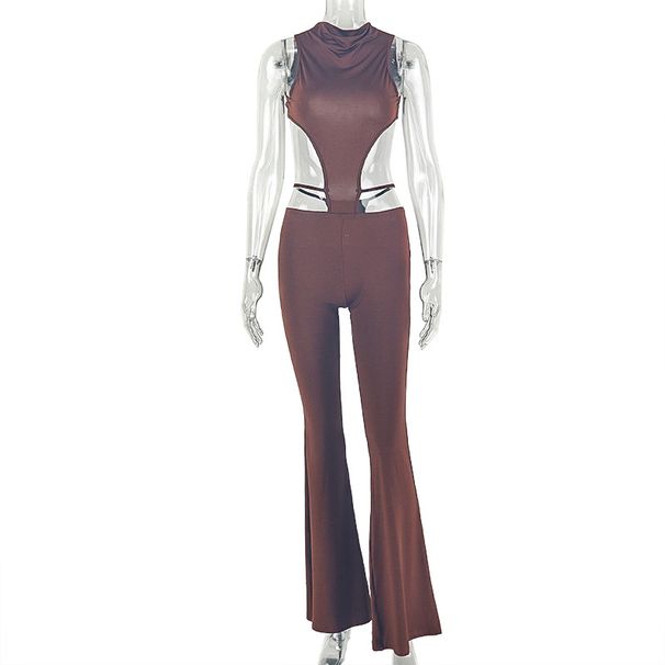 European And American Style Women's Solid Color Spicy High-Waisted Backless Long One-Piece Dress With Round Neck And Sleeveless Design_ecoleips.com