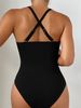 Ribbed Crisscross Back One Piece Swimsuit Women U Neck Tummy Control High Cut Bathing Suit Solid Black Slim Fit Swimwear_ecoleips.com