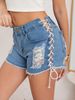 Distressed High-Waisted Ripped Denim Shorts For Women – Edgy Gothic Punk Style With Eyelet & Bandage Details (Black/White/Red/Blue/Army Green, S-XXL)_ecoleips.com