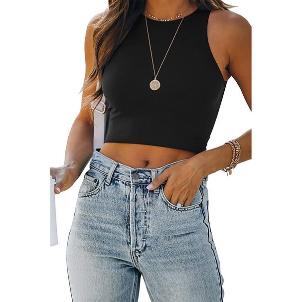 Women's Plain-Colored Summer Sleeveless Round-Necked I-Shaped Backless T-Shirt_ecoleips.com