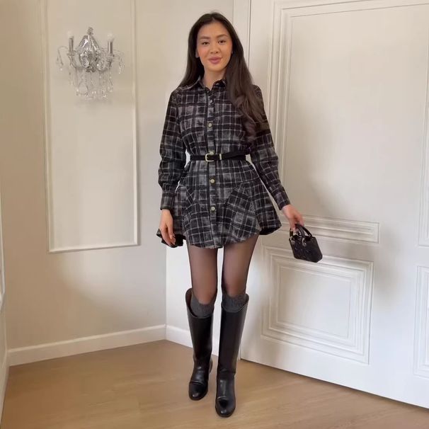 Classic Plaid Belted Shirt Dress Long Sleeve A-Line Button down Adjustable Waist Tie Stretch Polyester Blend XS-XXXL 3 Colors_ecoleips.com
