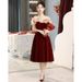 Off-the-shoulder Red Evening For Brides, Elegant French-style Engagement Dress, Wedding Velvet Mini Dress_ecoleips.com
