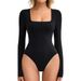 plus Size Women's Cross-Border European American Style Slim Fit Bodysuits Long Sleeves Square Neck Base Layer T Shirts_ecoleips.com