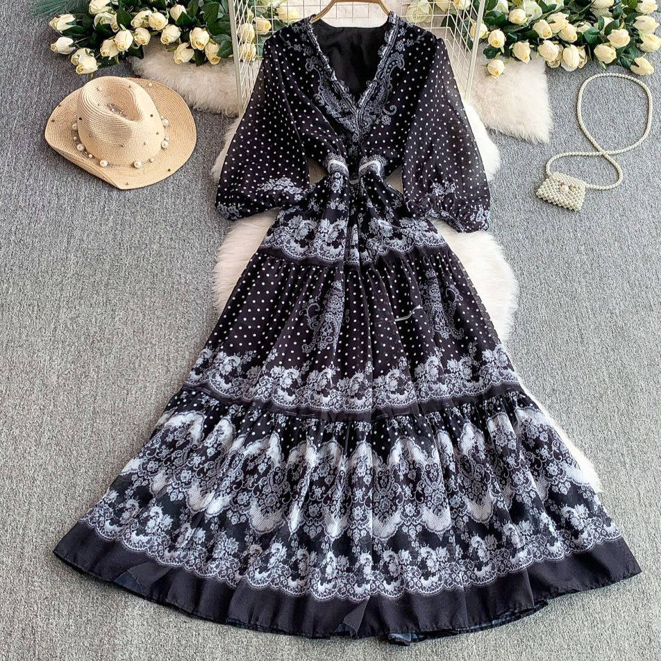 Women's Clothing Retro Elegant Ruffled V Neck Lantern Sleeve Dress For Women Summer Waist Slimming Print Long Skirt_ecoleips.com