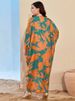 Floral Print Muslim Maxi Dress With Elegant V-Neck - Breathable Polyester Satin Fabric For Women (One Size, Long Sleeve, Asymmetrical Hem)_ecoleips.com