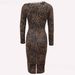 Elegant Leopard Print Contrast Lace Slim Fit Long Sleeve Dress For Women – S/M/L/XL Sizes, V-Neck, Mid-Length, Polyester, Stylish & Comfortable_ecoleips.com