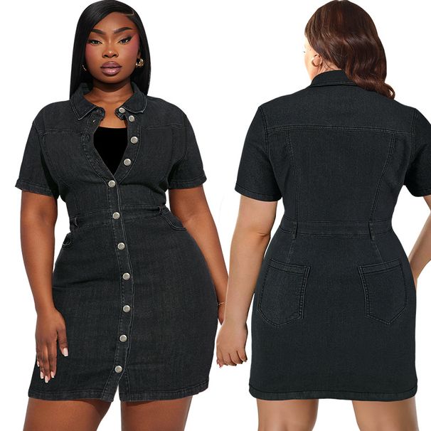 Women's Clothing Plus Size Women's Collared Short Sleeved Button Down Denim Dress For Formal & Casual For Women_ecoleips.com