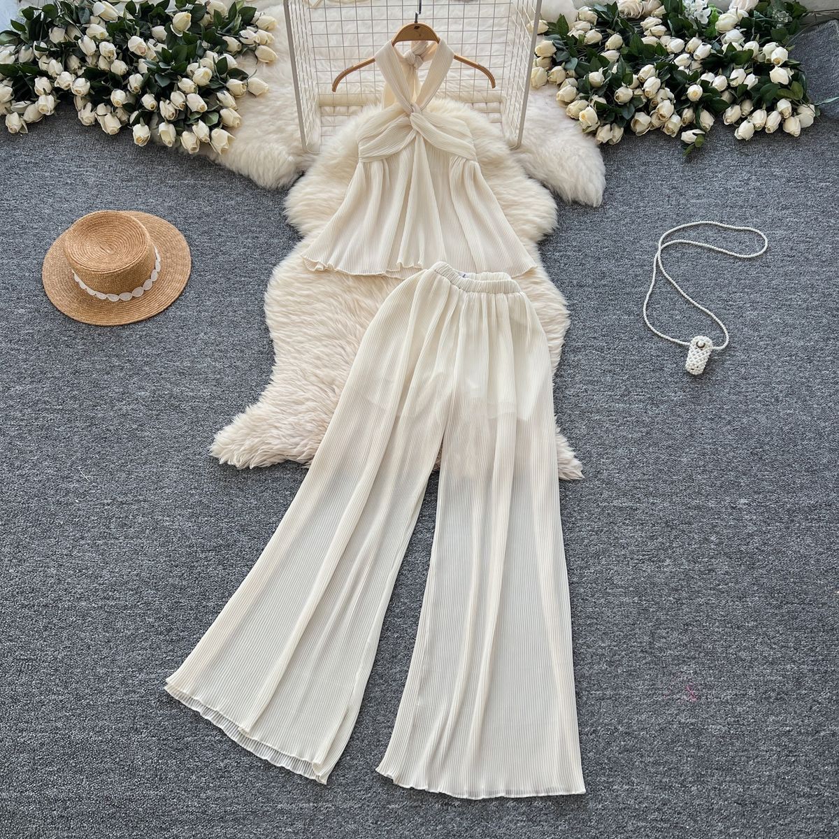 Women's Clothing Light Luxury High End Twisted Suspender Tube Top Vest + High Waist Pleated Wide Leg Drape Trousers Suit Summer_ecoleips.com