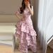 Casual Floral Print Stacked Lotus Leaf Edge Dress Elegant Women's Prom Dress 2026 Summer New V-neck Short Sleeved Evening Dress_ecoleips.com