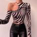 Aria Basics Aria Basics Foreign Trade Knitted Off-shoulder Sexy Long-sleeve Top For Women, European And American Autumn Striped Printed Short_ecoleips.com