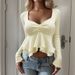 Voya French-style Square-neck Bow-tie Long-sleeve Ruffle Hem Spring-summer Slim-fit Waist-cinching Top For Women_ecoleips.com