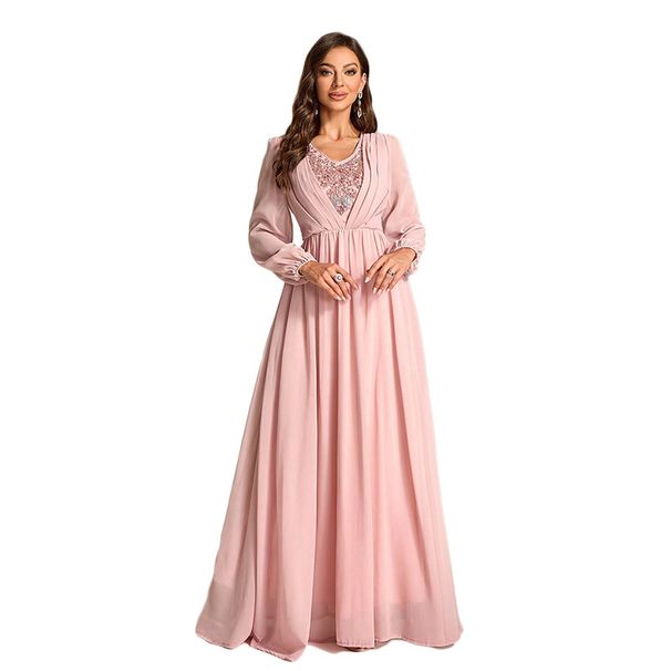 Women's Clothing Fashion Chiffon Dress Elegant Beaded Banquet Evening Dress_ecoleips.com
