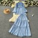 Women's Clothing Temperament Suit Palace Retro Lace Splicing Lantern Sleeve Single Breasted Shirt High Waist Large Swing Skirt_ecoleips.com