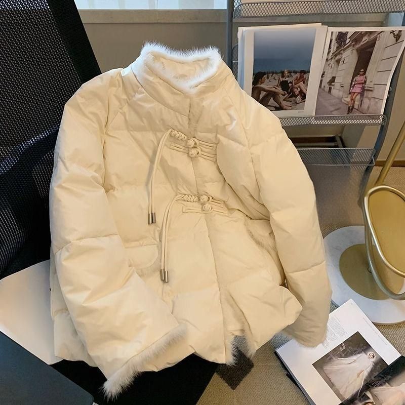 Women's Retro-Chic Cotton Coat With Knot Buttons & Tassels – Stand Collar, Geometric Print, Lightweight Winter Jacket_ecoleips.com