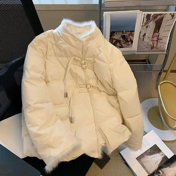 Women's Retro-Chic Cotton Coat With Knot Buttons & Tassels – Stand Collar, Geometric Print, Lightweight Winter Jacket_ecoleips.com