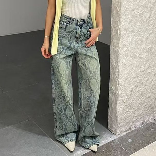 Women's Clothing Casual Streetwear Snake Print High-Waisted Jeans – Women’s Stretch Denim Pants With Washed Effect & Straight Leg (S-L, Blue)_ecoleips.com