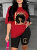 Summer Women's Casual And Fashionable Cartoon Letter Graphic Printed Loose T-shirt Shorts Two-piece Sportswear Suitable For Daily Wear-129_ecoleips.com