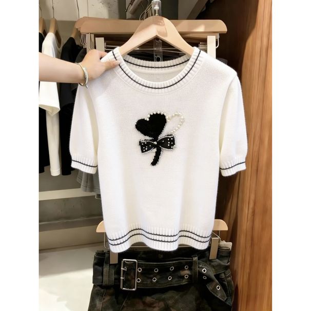 Women's Clothing Bow Tie Knitted T-Shirt For Women Short-Sleeved Summer Top Super Cute Design Real Photos_ecoleips.com