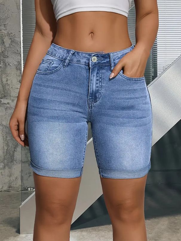 Women's Light Blue Denim Shorts Multi Layered Stretchy Slimming Versatile Mid Length Simple Folded Hem_ecoleips.com