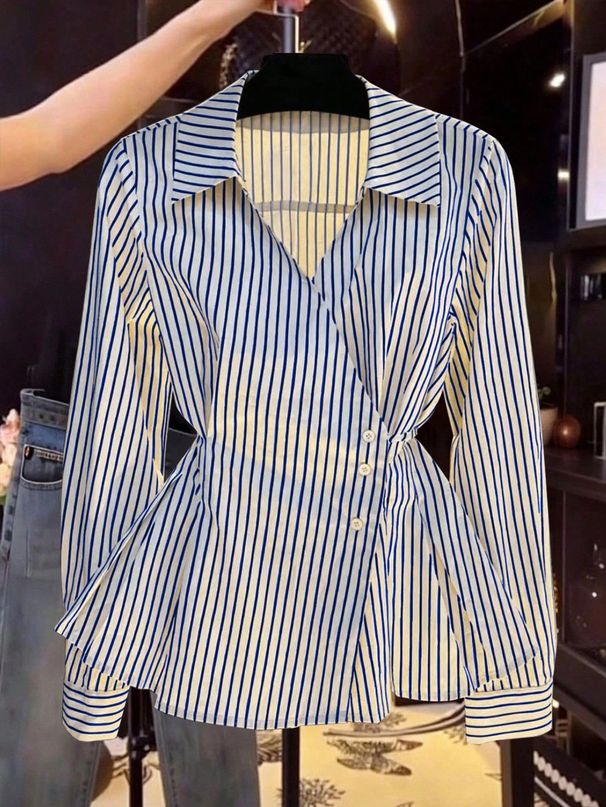 Women's French-Inspired Striped V-Neck Shirt - Slimming Asymmetrical Waist Design, Long Sleeve Blouse, Elegant & Unique Top_ecoleips.com