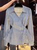 Women's French-Inspired Striped V-Neck Shirt - Slimming Asymmetrical Waist Design, Long Sleeve Blouse, Elegant & Unique Top_ecoleips.com