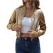Women's Clothing Women's Gold Foil Zip-Up Casual Jacket Long Sleeve Spring Fall Outerwear Streetwear Fashion Polyester Stand Collar_ecoleips.com
