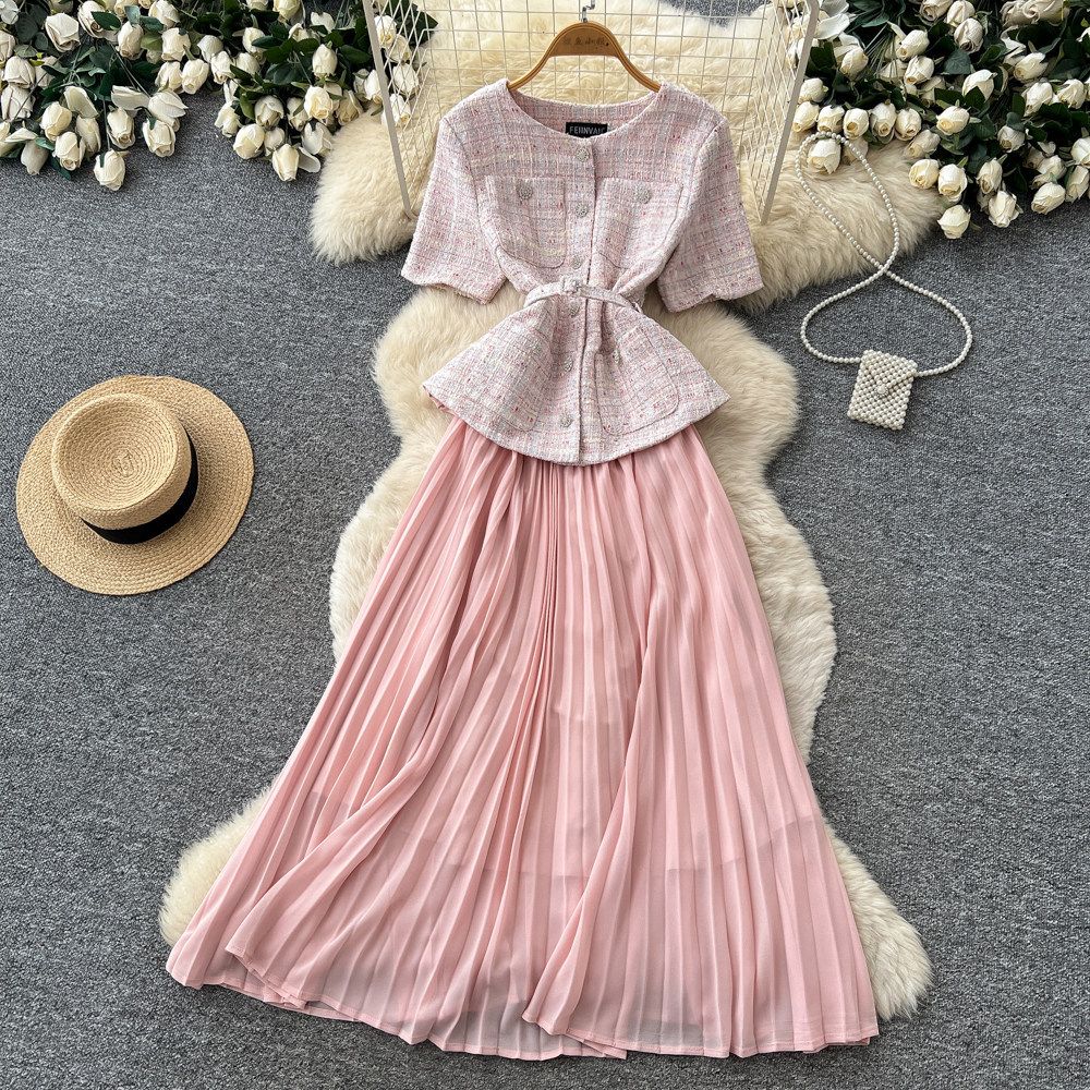 Inspired Sequined Beaded Round Neck Dress Women's Slimming Summer Dress Pleated Design Sophisticated Commuting Dress_ecoleips.com