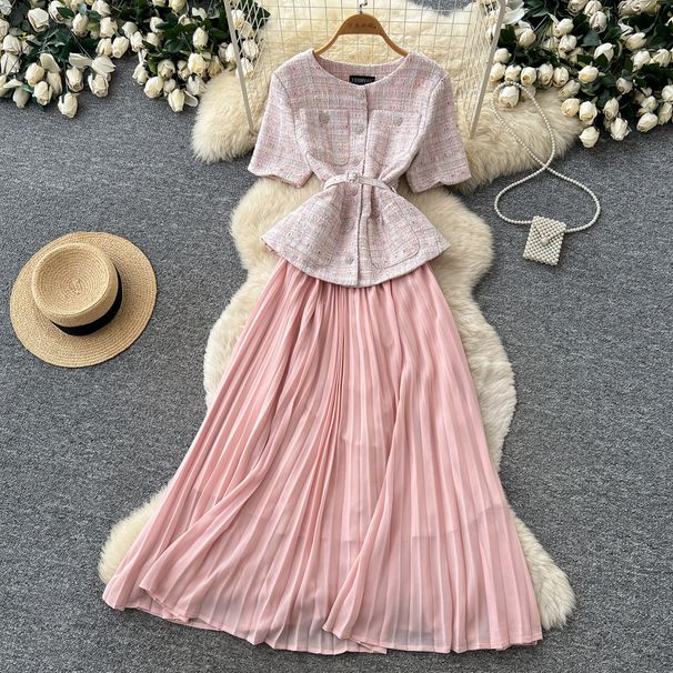 Inspired Sequined Beaded Round Neck Dress Women's Slimming Summer Dress Pleated Design Sophisticated Commuting Dress_ecoleips.com