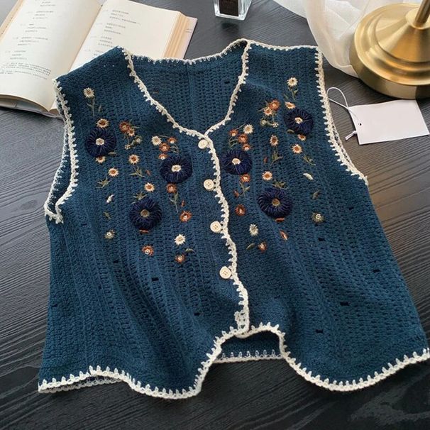 Pastoral Style Summer Autumn Women Vest Embroidery Vintage Knitted Crochet Flower Vest Female Hollow Out Jumpers Waistcoat Top_ecoleips.com