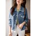 Women’s Lightweight Denim Jacket With Ribbon Trim – Loose Fit, Youthful Style (S-3XL, Bluish/Light Blue)_ecoleips.com