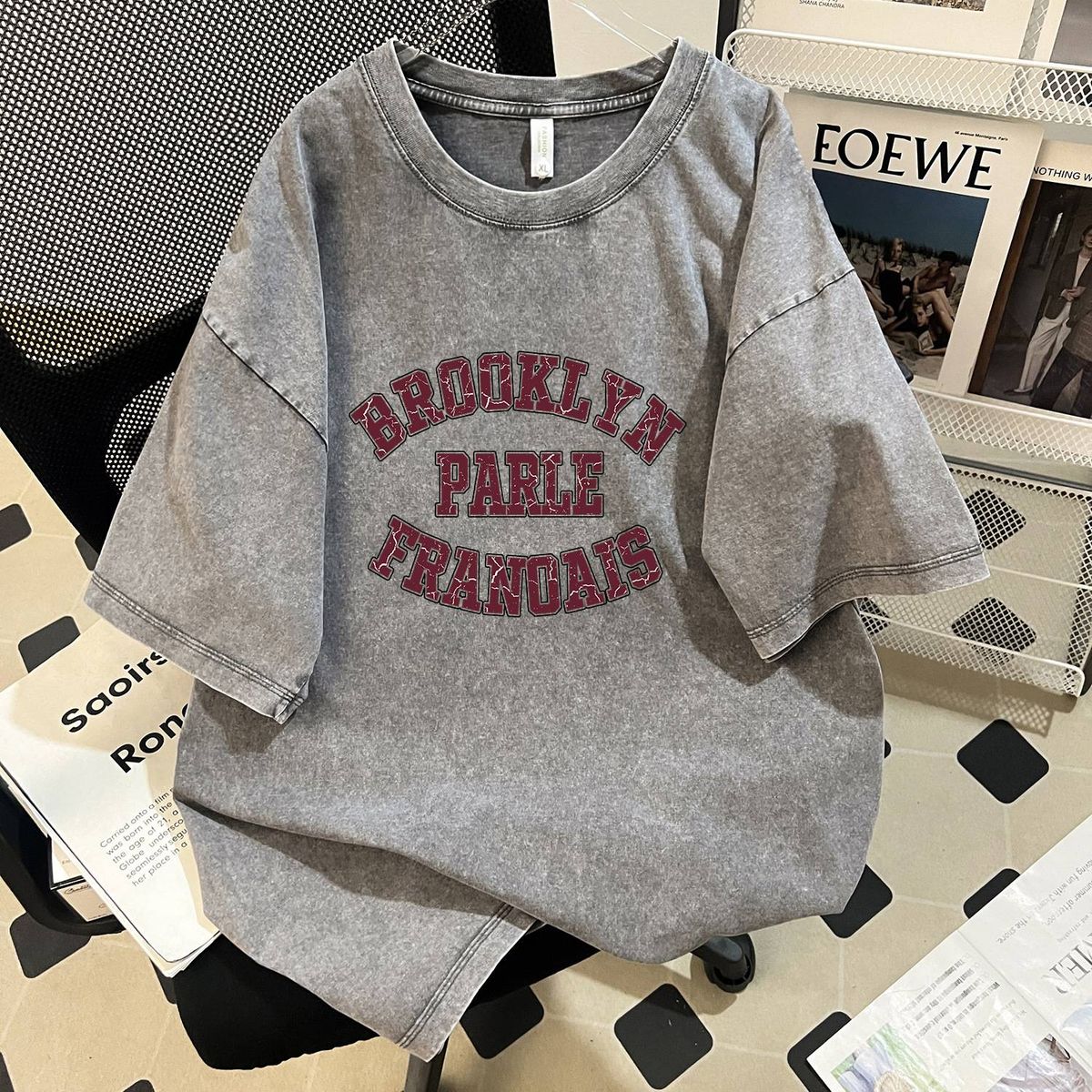 Women's Clothing Retro Letters Batik Pure Cotton Washed Short Sleeved T Shirt Loose Tops_ecoleips.com