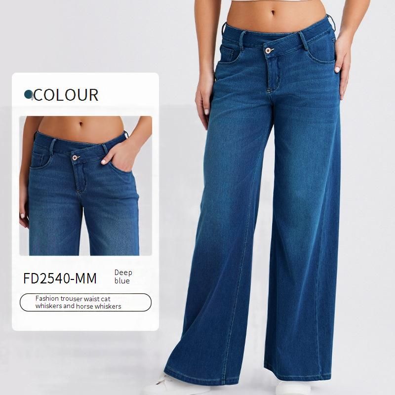 Plus-Size Crisscross Waist Jeans – High-Stretch Relaxed Fit With Cat Whisker & Monkey Pocket (Light/Deep Blue, XS-XL)_ecoleips.com
