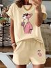 Summer New Pink Cartoon Animal Print T-Shirt, Casual Round Neck Short Sleeve Top With Elastic Waist Pocket Women's Two-Piece Set-295_ecoleips.com